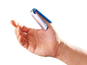 a person's hand with a blue finger splint